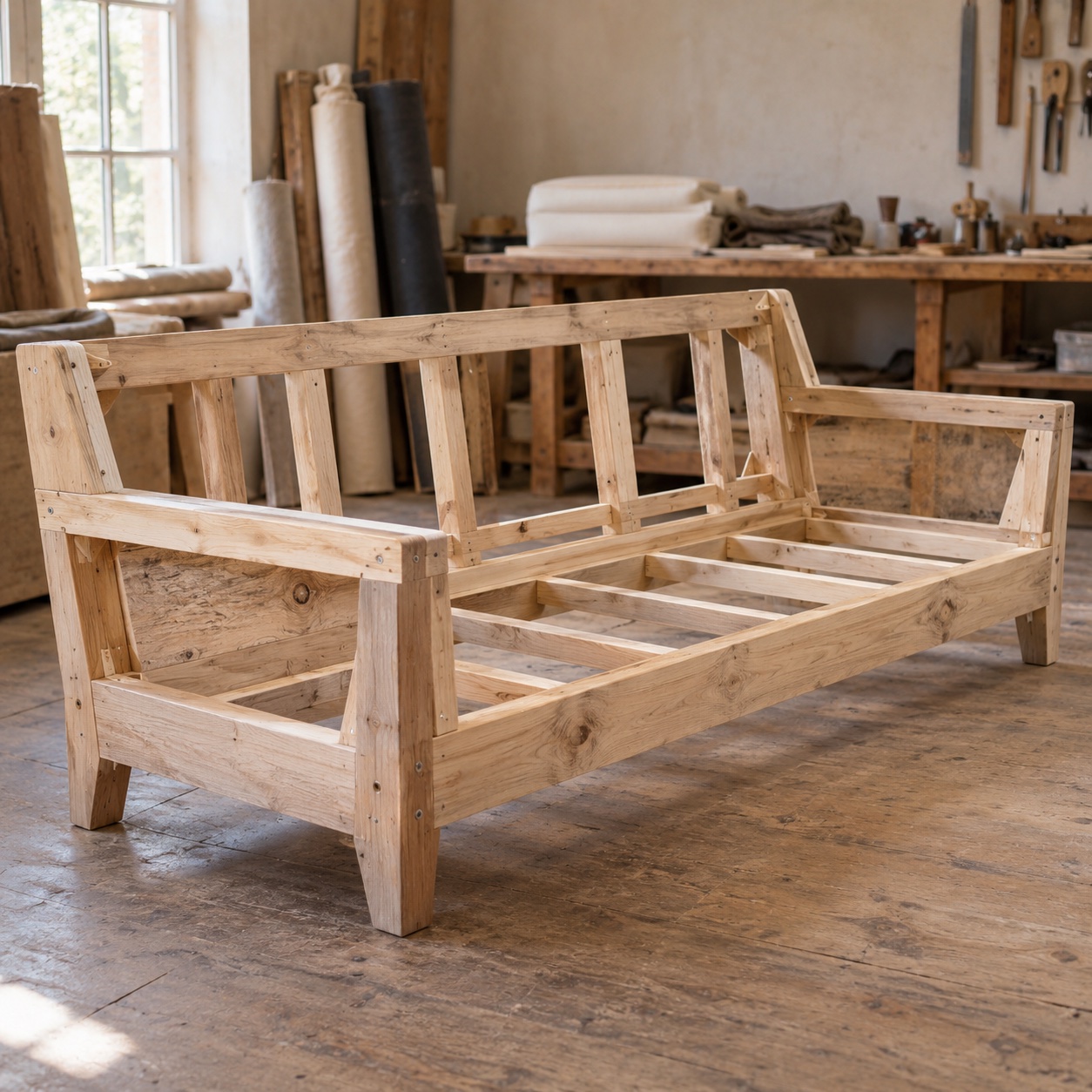 Imagen de referencia generada con IA: estructura de madera de un sofá