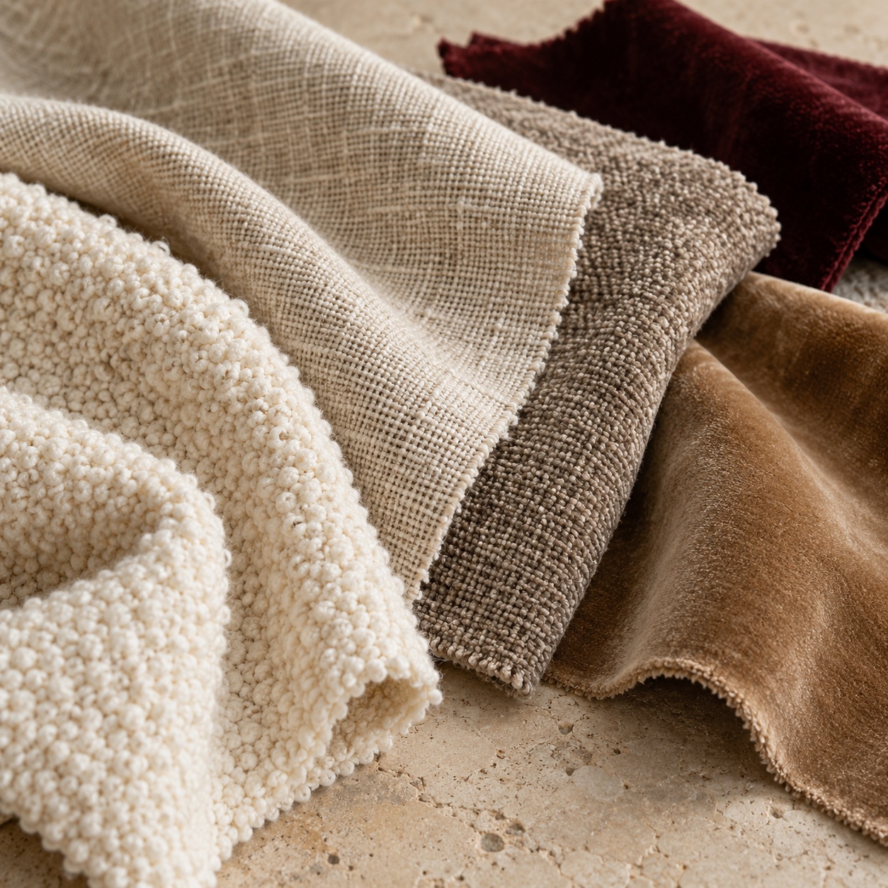 Imagen de referencia generada con IA: telas de tapicería en marfil, taupe, camel y borgoña, con tramas y relieves naturales